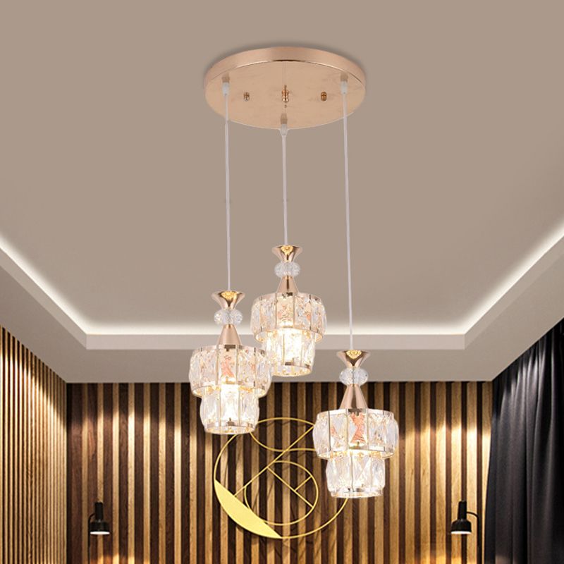 Gold 2 Layers Cluster Light Pendant Modern 3-Head Beveled Crystal Block Hanging Lamp Kit