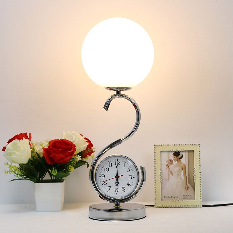White Glass Ball Nightstand Lamp Modern 1-Light Table Light with S-shaped Base and Clock