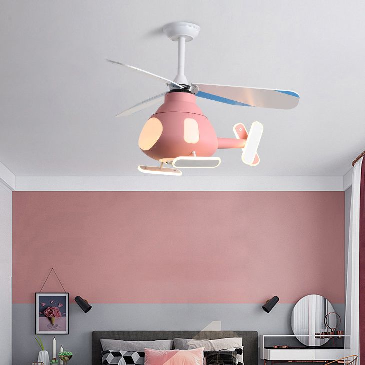 Metal Airplane Shaped Pendant Fan Lamp Cartoon LED Semi Flush Light for Kids Room