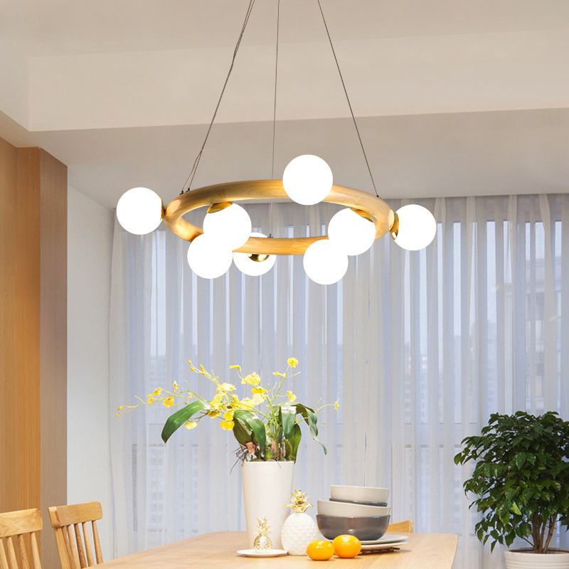 Modern Creative Chandelier Wooden Globe Pendant Light with White Glass Shade