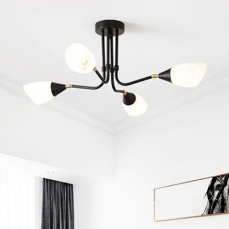 Modernism 4/6/8 Bulbs Ceiling Chandelier Black Flared Hanging Pendant Light with Milky Glass Shade