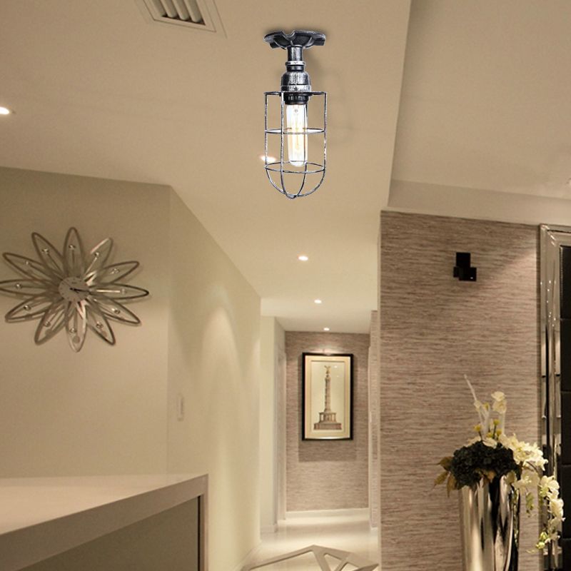 Black / Bronze 1 Bulb Semi-Flush Mount Light Vintage Metal Wire Guard Ceiling Mounted Light for Corridor