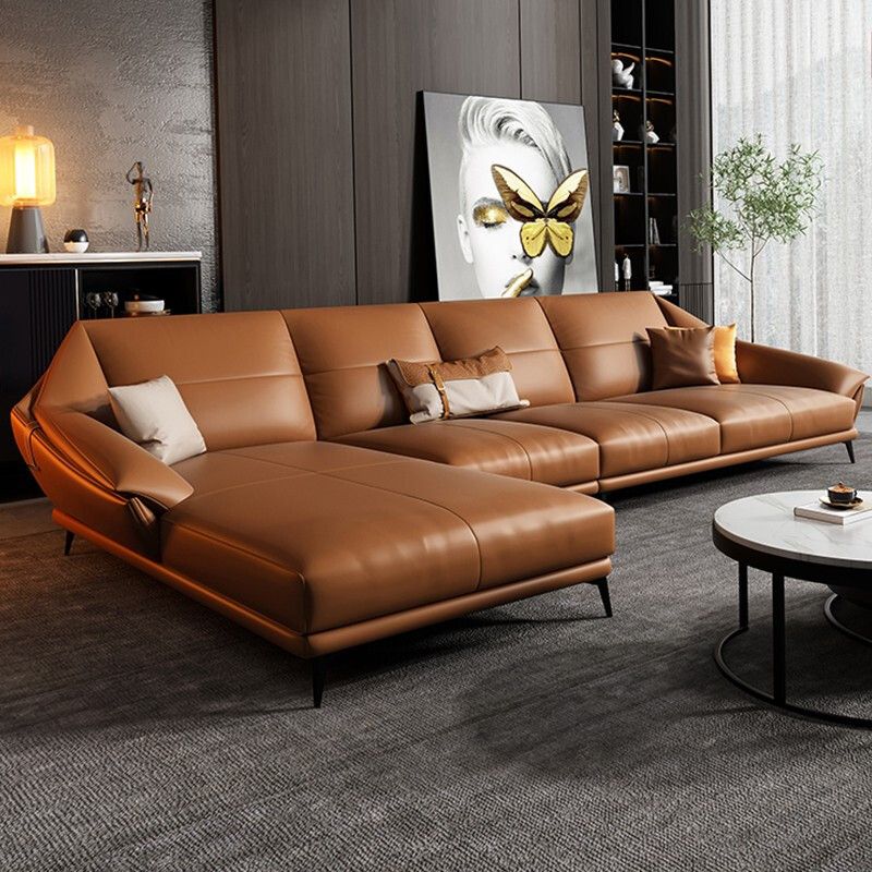 Glam Sofa Chaise Stationary Genuine Leather Flared Arm Cushions Seating