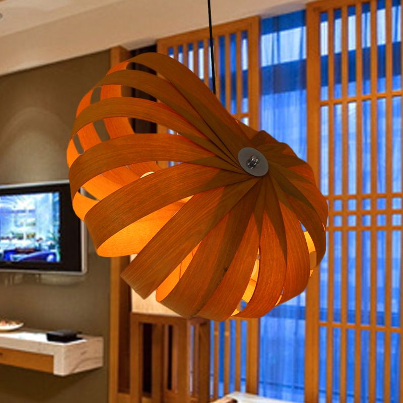 1 cabezal de techo de restaurante lámpara de iluminación colgante amarillo asiático con sombra de madera curvilínea