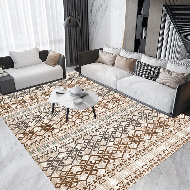 Bohemian Tribal Geometric Pattern Rug Orange and Yellow Polyester Rug Washable Pet Friendly Anti-Slip Carpet for Living Room