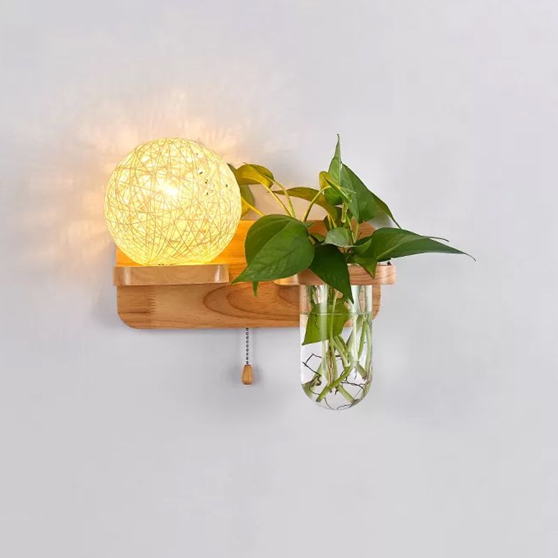 Sphere Shaped Bedside Sconce Lighting Rattan 1-Light Modern Wall Light Fixture with Pull Chain in Wood