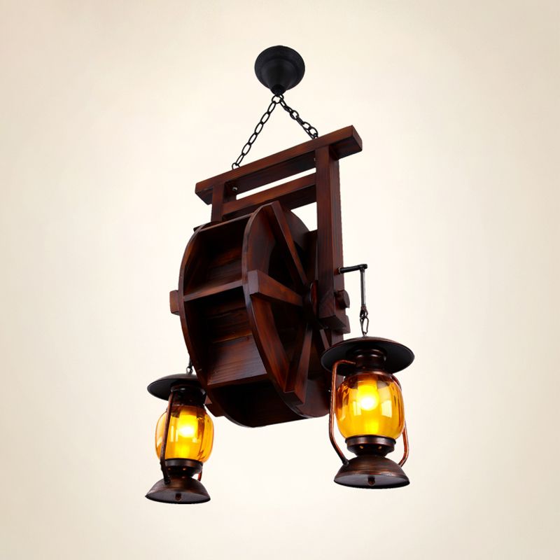 Dark Wood 3 Lights Chandelier Lighting Fixture Warehouse Amber Glass Lantern Hanging Lamp Kit