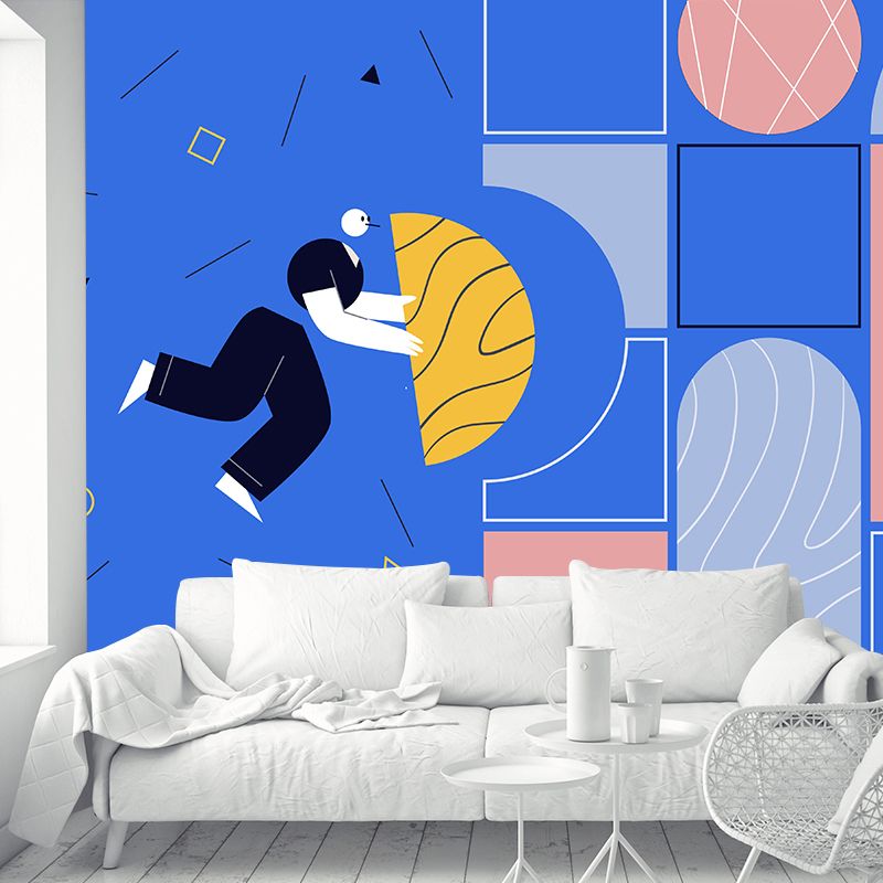 Art Deco Filling Blank Mural for Bedroom Custom Wall Covering in Pink-Yellow on Blue