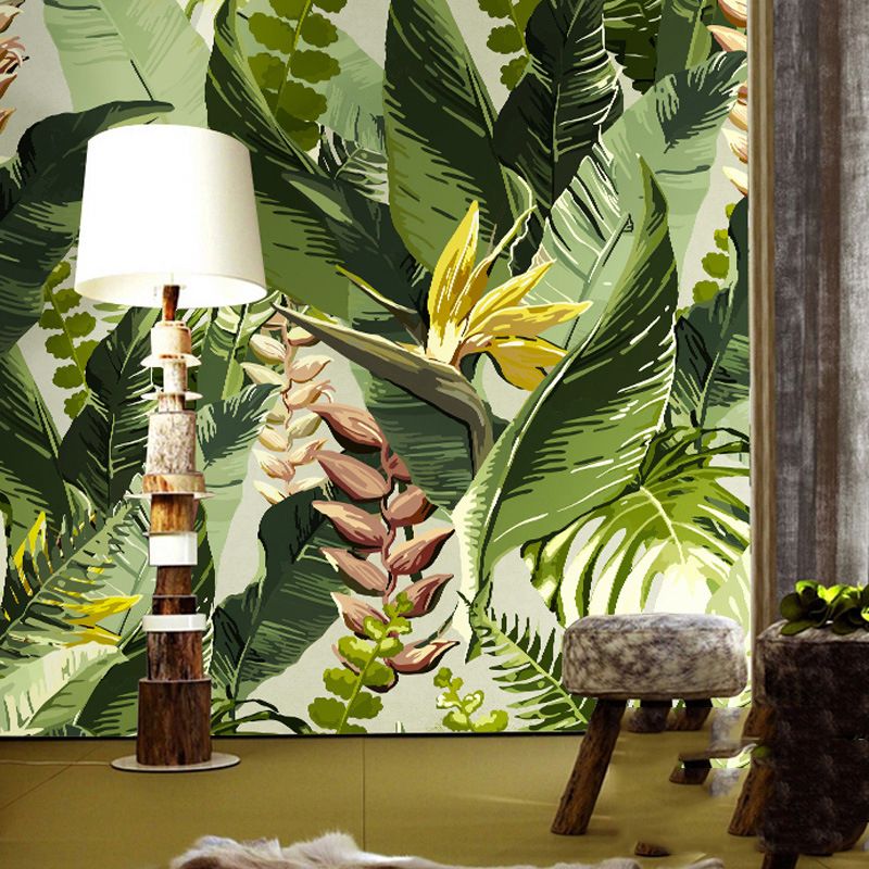 Tropical Leaves Wall Covering in Green, Fresh Mural Wallpaper for Thai Restaurant