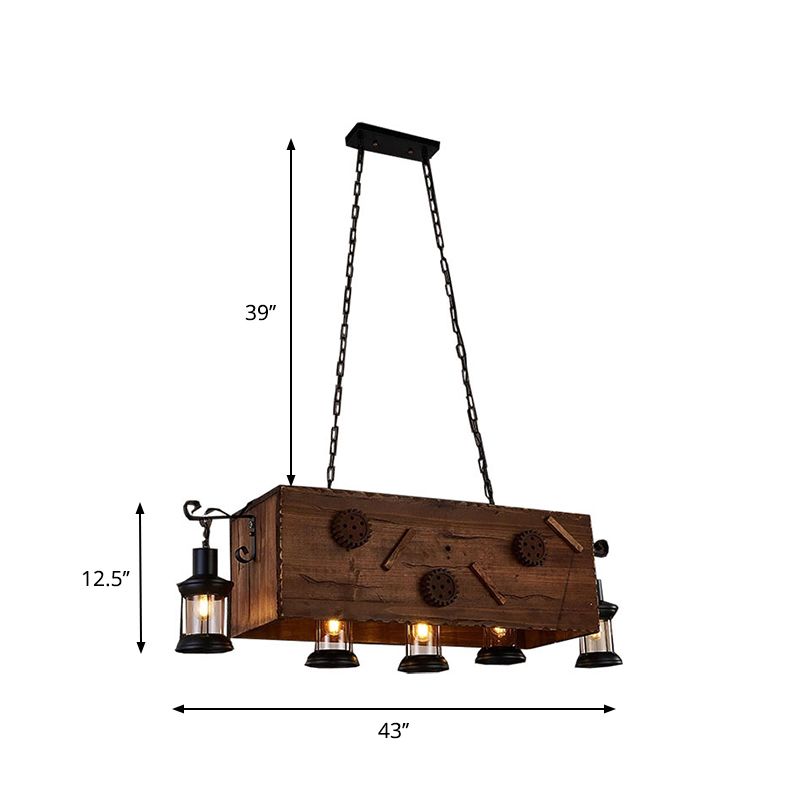 Rectangle Cuisine Chandelier Light Wood and Metal 5 LIXS Retro Style Brown suspension Disponte avec une teinte lanterne