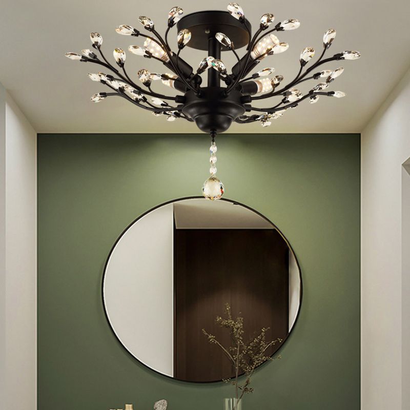 Contemporary Leaf Flush Light Crystal Flush Mount Ceiling Fixture in Black