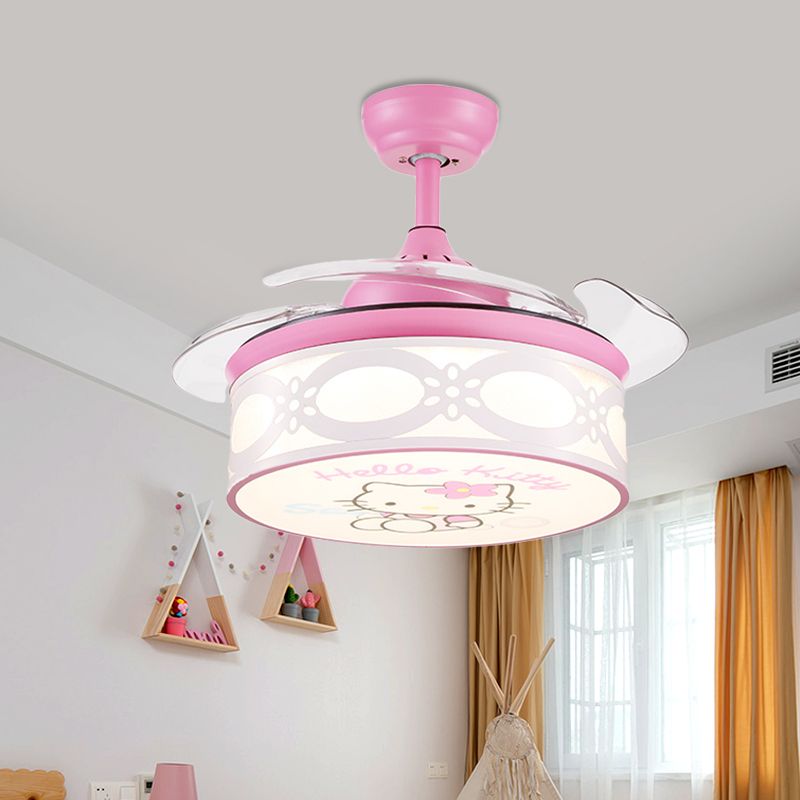 4 Blades Drum Semi Flush Mount Lamp Kids Metal Bedroom 36" W LED Hanging Pendant Fan Light in White/Pink with Cartoon Cat Pattern, Remote/Wall and Remote Control