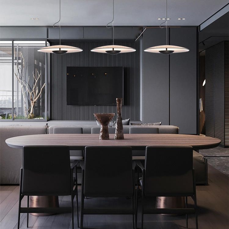 Luce a ciondolo interno minimalista, illuminazione a sospensione in metallo piatto in metallo a 1 luce