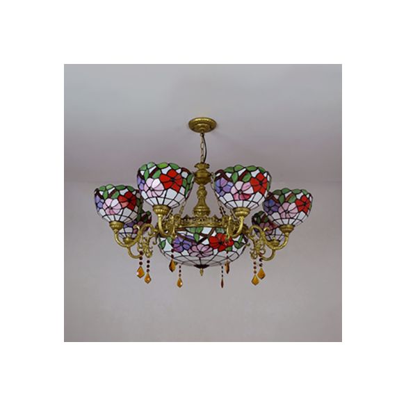 Stained Glass Scalloped Shade Suspension Light Rustic 9 Lights Inverted Chandelier with Flower Pattern for Bedroom