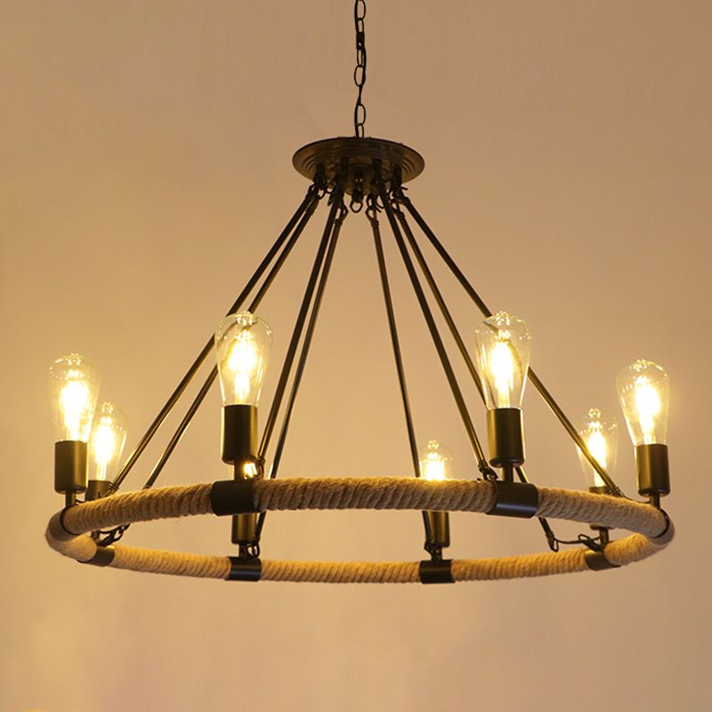 Circular Iron Ceiling Lighting Industrial Restaurant Chandelier Light Fixture with Hemp Rope in Black