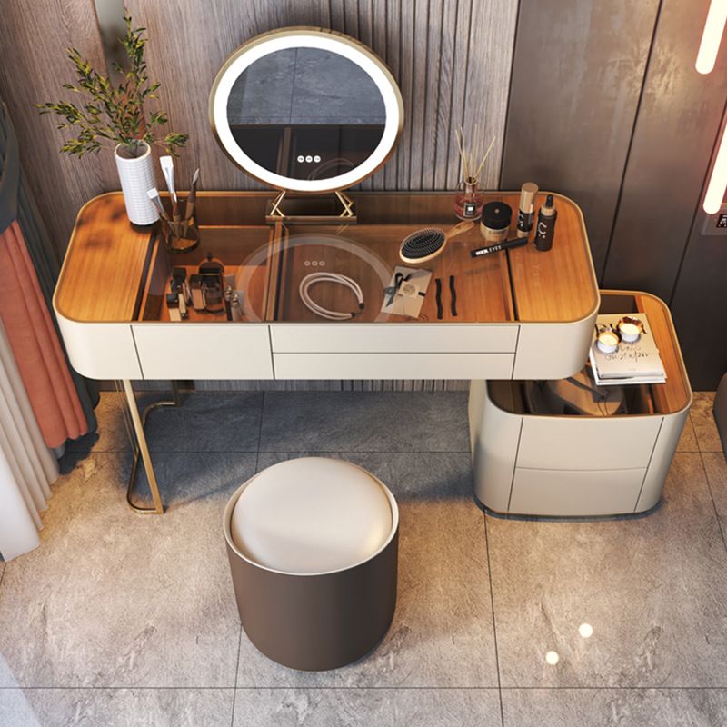 Glass Vanity Desk with 5 Storage Drawers 16.14" Wide Cream Wood Vanity Set