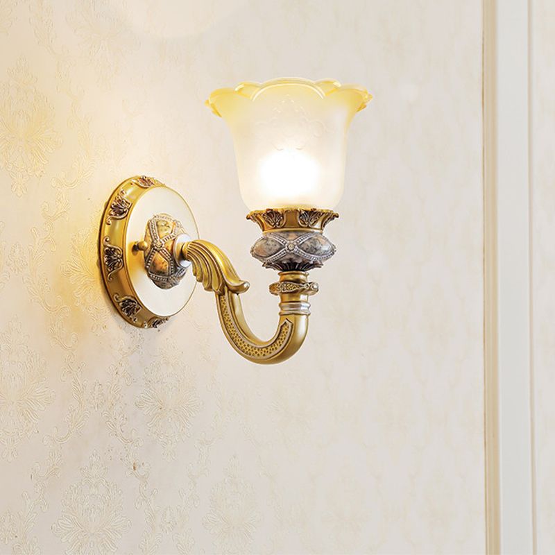 Vintage Flower Wall Light 1 Light Frosted Glass Wall Sconce Lighting with Metal Carved Arm in Gold for Foyer
