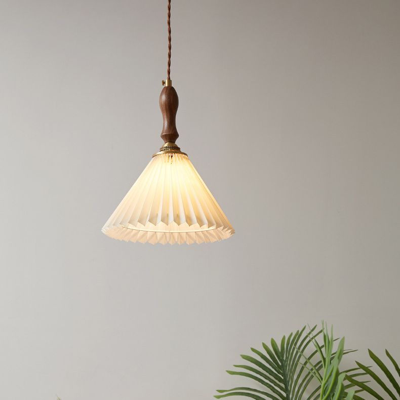 Pleated Fabric Conical Pendant Lamp Minimalist 1-Light Beige Hanging Light for Dining Room