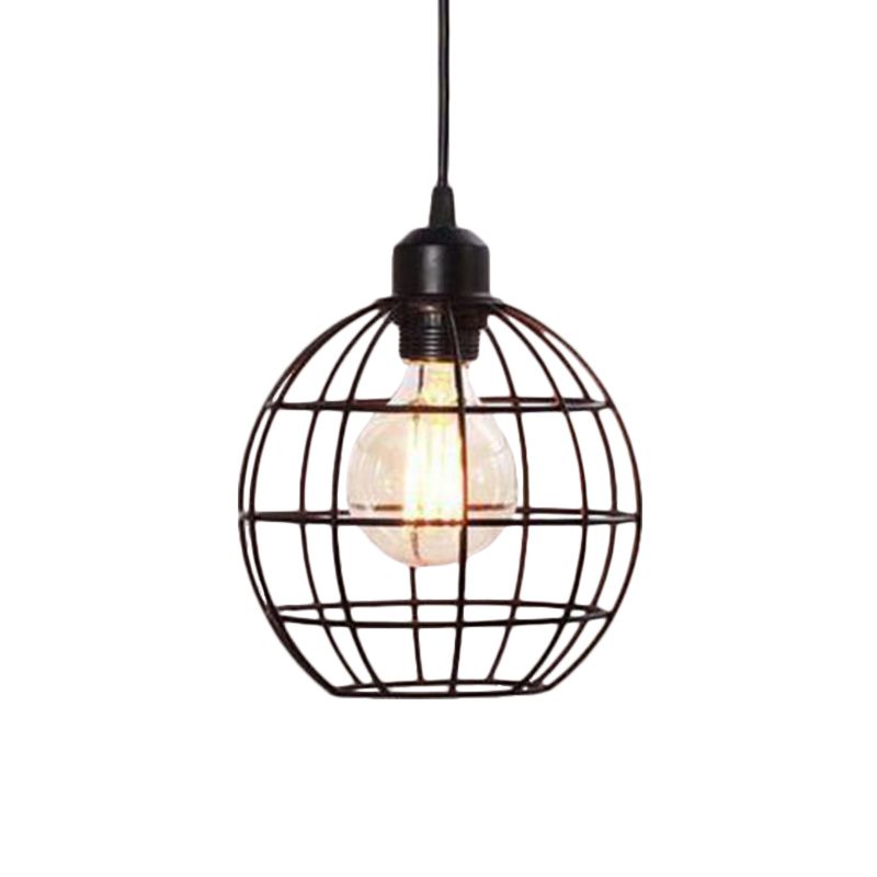 Retro Style Globe Ceiling Lamp 1 Head Metal Hanging Light Fixture with Wire Frame in Black/Copper