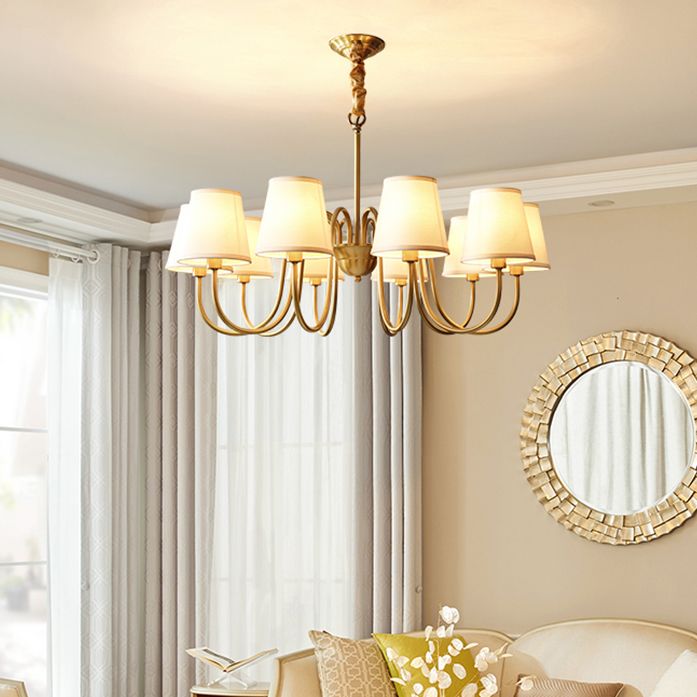 Brass Barrel Chandelier Light American Style Multi-Head Suspension Lamp with Fabric Shade