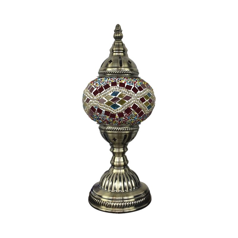 Single Night Stand Light Turkish Bedroom Table Lamp with Spherical Yellow/Red/Blue Glass Shade in Bronze
