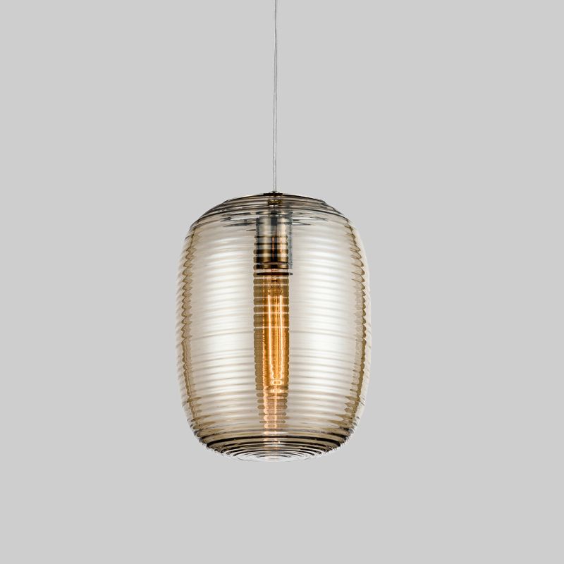 Simple Cylindrical Hanging Light Cognac Wavy Glass Single Dining Room Drop Pendant