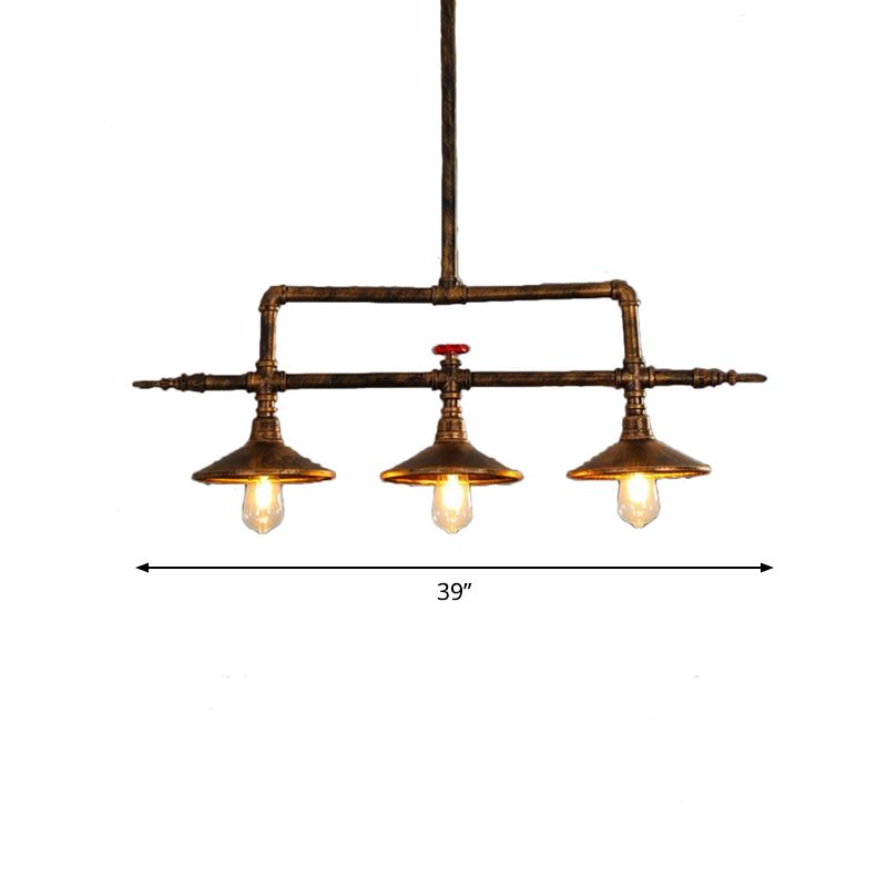 3 Lights Bell Shade Island Lighting Industrial Rust Iron Hanging Ceiling Lamp with Water Pipe Design