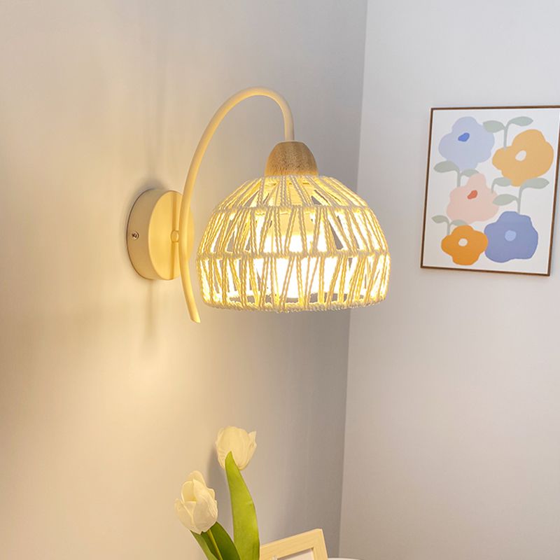 Single Light Wood Wall Sconce Rattan Dome Shade Wall Lighting in White