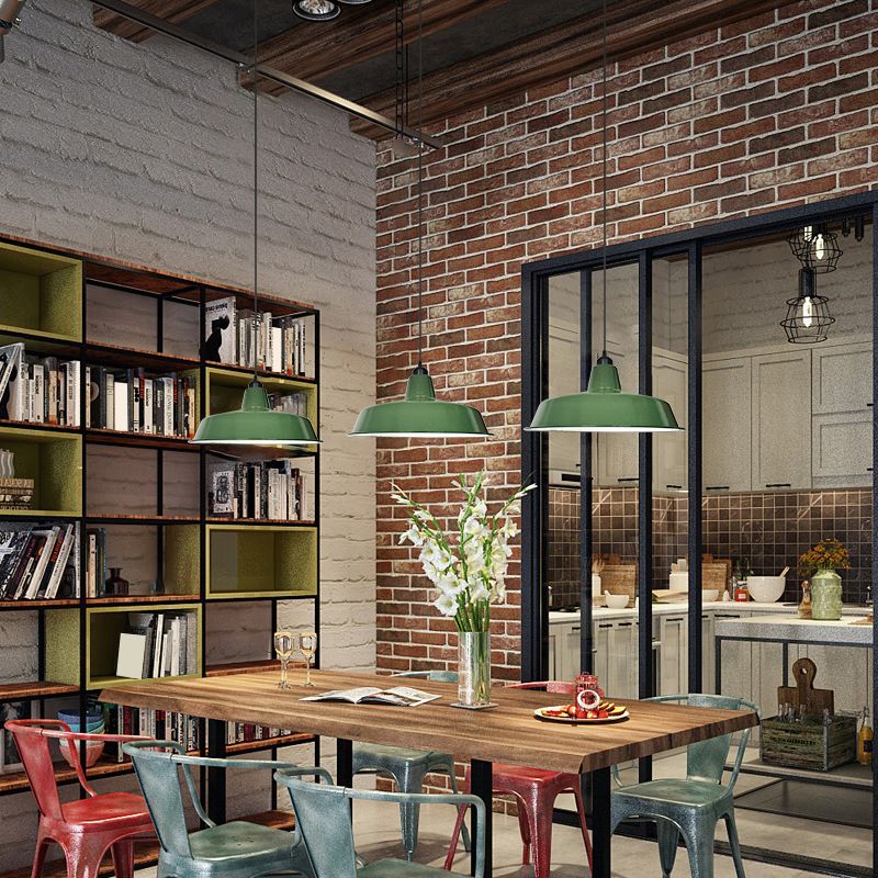 Green Finish Barn Shaped Pendant Lamp Loft Style Metal 1 Bulb Dining Room Suspension Light