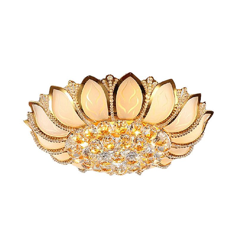 Vintage bloemblaadje verzonken plafondlamp matglas multi-licht plafondgemonteerd licht met heldere kristallen bol deco in goud, 18"/19,5" W