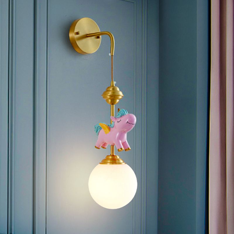 Kids Globe Wall Mount White Glass Single Head Bedroom Wall Mounted Lamp in Brass with Pink/Blue Unicorn Decor