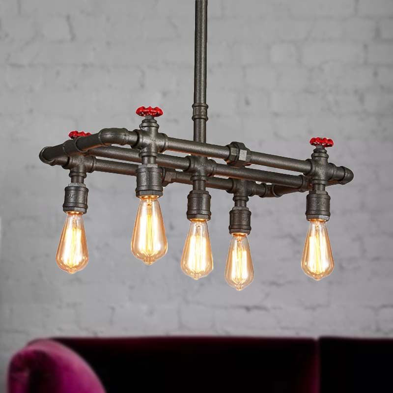 Black Finish Tubing Hanging Lamp with Red Valve Antique Metal 5-Bulb Dining Room Chandelier Lighting