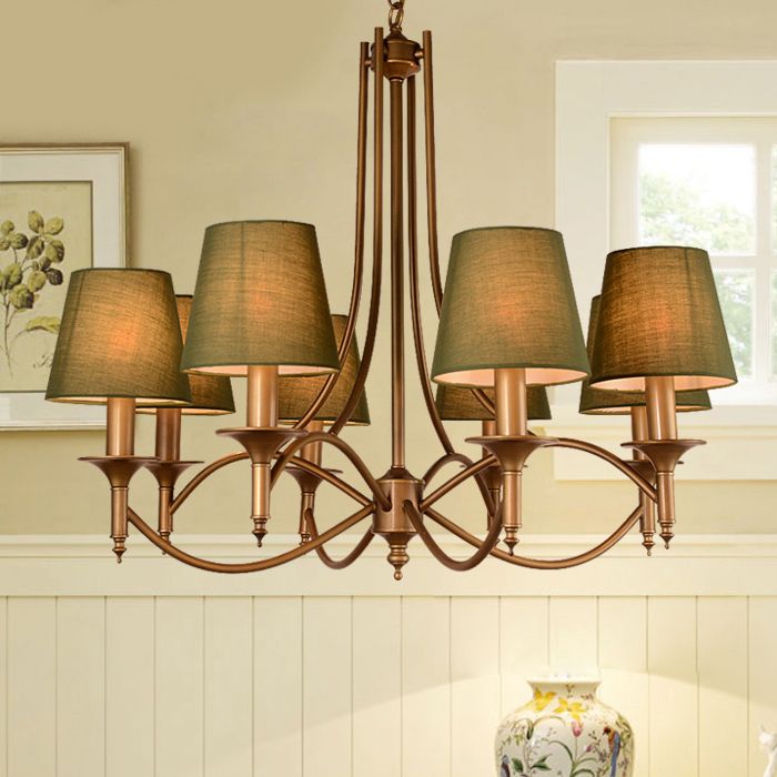 American Style Brass Chandelier Multi-Head Hanging Pendant Lights with Fabric Shade