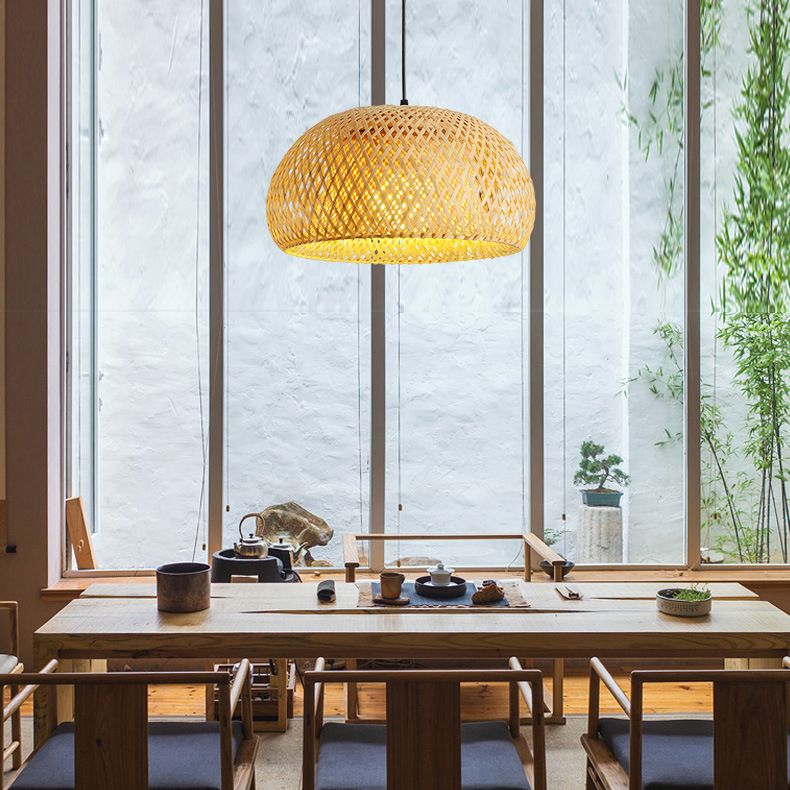 1-Light Beige Bamboo Suspended Lighting Fixture Asia Pendant Light Kit for Tea Room