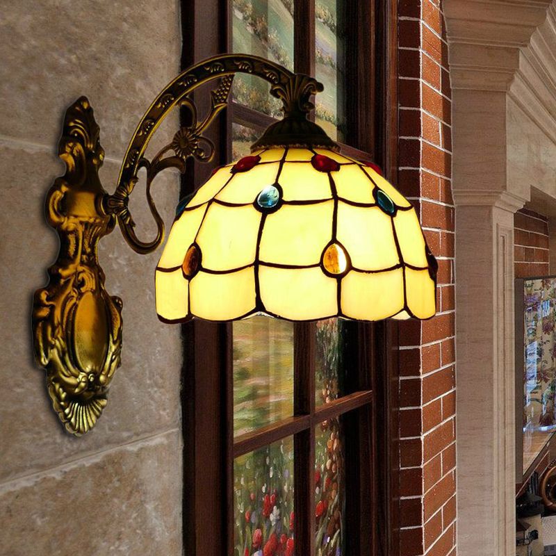 Yellow Wall Fixture Light Tiffany Stained Glass 1 Light Jewel Wall Sconce Lighting with Bowl Shade