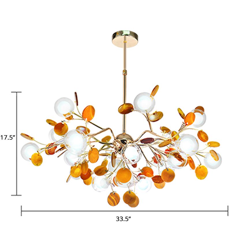 Artistic Leaf Suspension Lighting Agate Living Room Chandelier with Double Ball Glass Shade