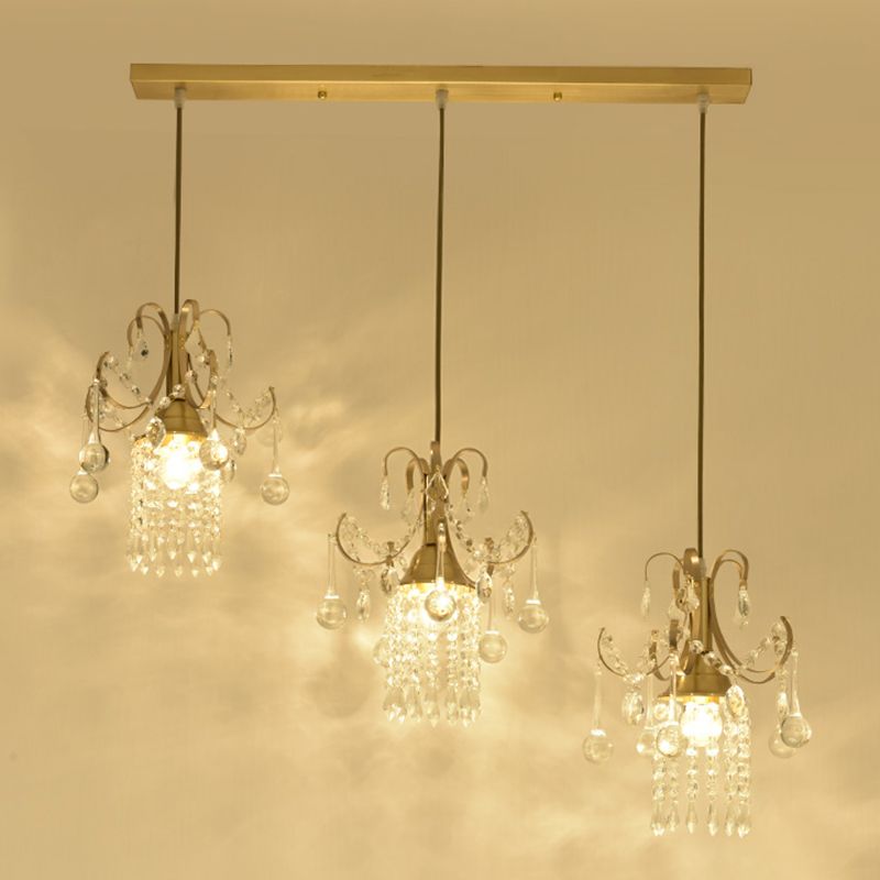 Iluminación de isla cilíndrica de goteo de cristal Minimalista 3 bombillas Lámpara de suspensión de latón sobre mesa de comedor
