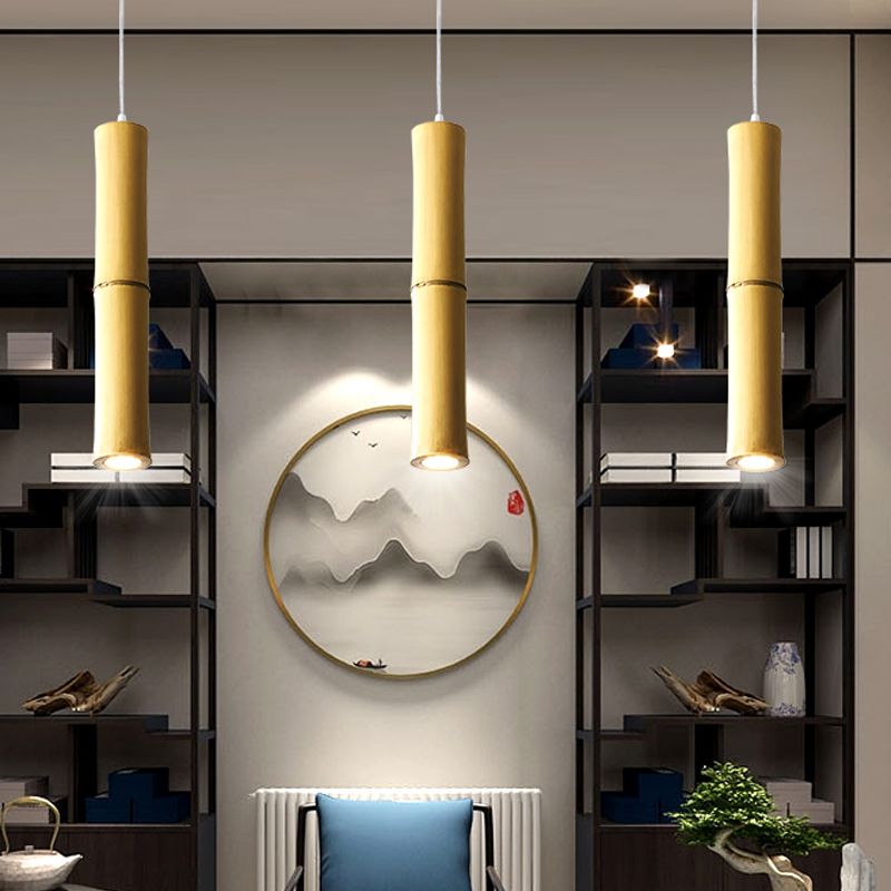 Asian 1 Head Ceiling Lamp Wood Cylindrical Hanging Pendant Light with Resin Shade