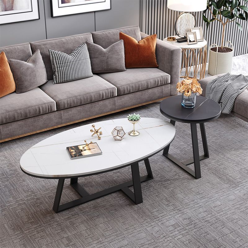 Modern Style Solid Rock SLATE Top White Gold/white/black Gold Oval Coffee Table
