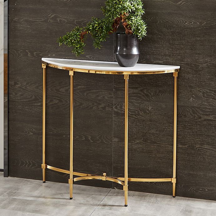 Glam Console Accent Table Antique Finish Half Moon Sofa Console Table in Marble
