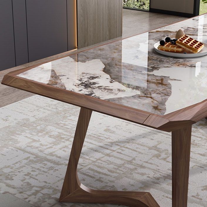 Brown Finish Legs Dining Site Table Modern Stone Top Rectangle Counter Dining Table
