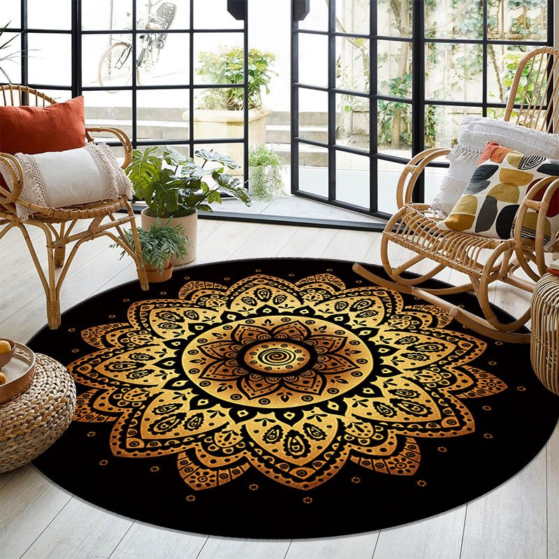 Gold Living Room Indoor Rug Modern Medallion Carpet Polyester Rug Non-Split Carpet