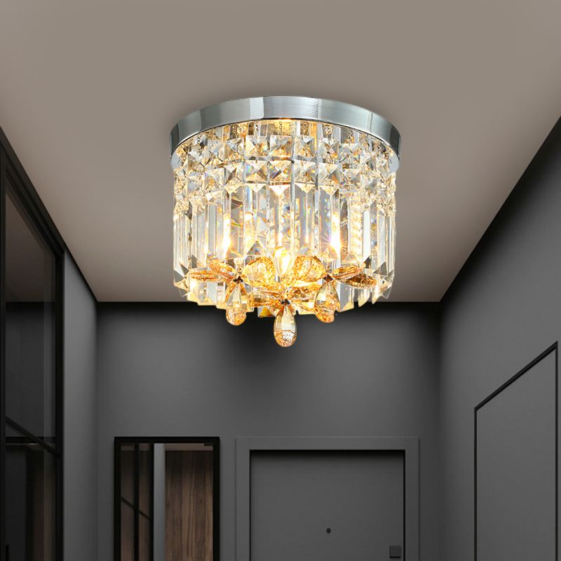 10"/15.5" Wide Chrome Cylinder Flush Light Modern Crystal Prisms LED Close to Ceiling Lighting Fixture for Doorway