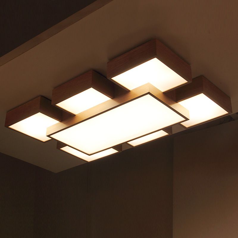 Wooden Flush Mount Ceiling Lighting Fixture Modern Multi-head LED Ceiling Light