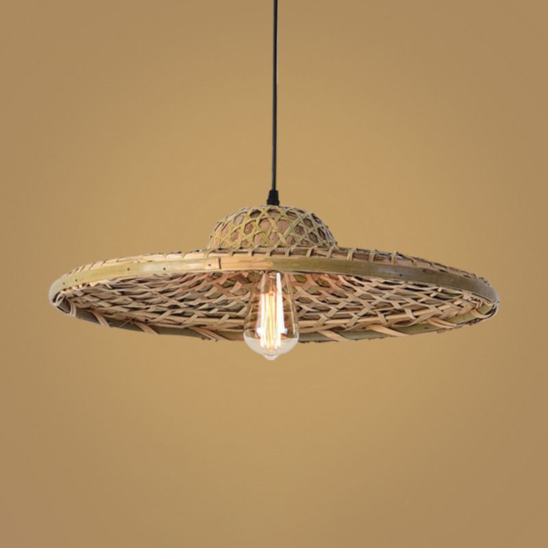 Wood Straw Hat Suspension Light Simplicity 1-Light Bamboo Pendant Lighting Fixture
