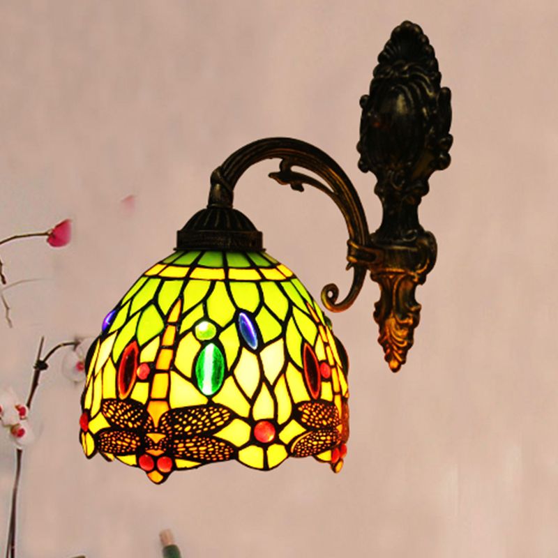 Stained Art Glass Bronze Sconce Domed 1 Head Tiffany Style Wall Mount Light Fixture with Dragonfly Pattern