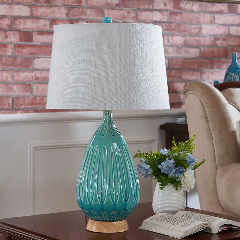 Green 1 Light Table Lamp Countryside Ceramic Teardrop Night Light with Drum Fabric Shade