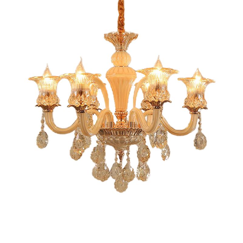 Gold Flower Chandelier Pendant Light Traditional 6/10 Heads Clear K9 Crystal Hanging Lamp for Living Room, 29.5"/35.5" W