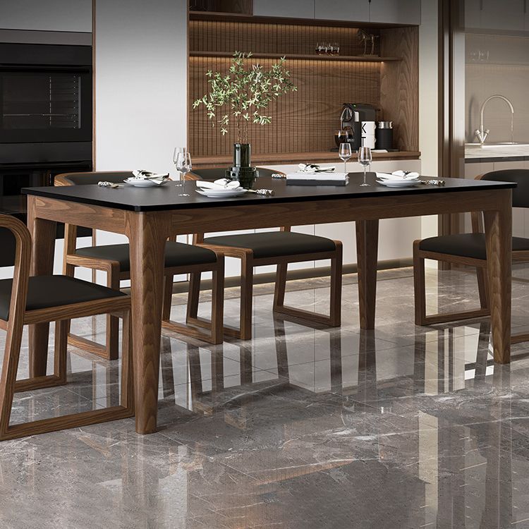 Modern Rectangle Dining Table Black Stone Top Dinette Table with Wooden Legs