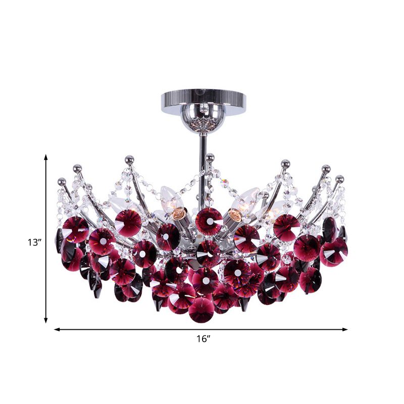 Crystal Dome Semi Flush Lighture Modern 5 Lights Borgoña/Smoke Grey/Amber Ceiling Light, 16 "/19.5" de ancho